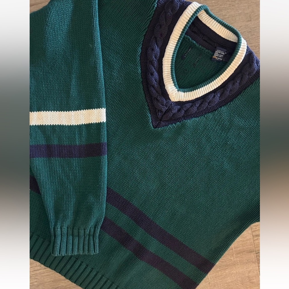 Vintage Gap Sweater Mens XL Green Navy Cotton Knit Striped Pullover‎ 80s V Neck